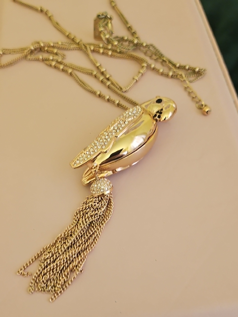 Gold Parrot Pendant Necklace with Tassel. Vintage
